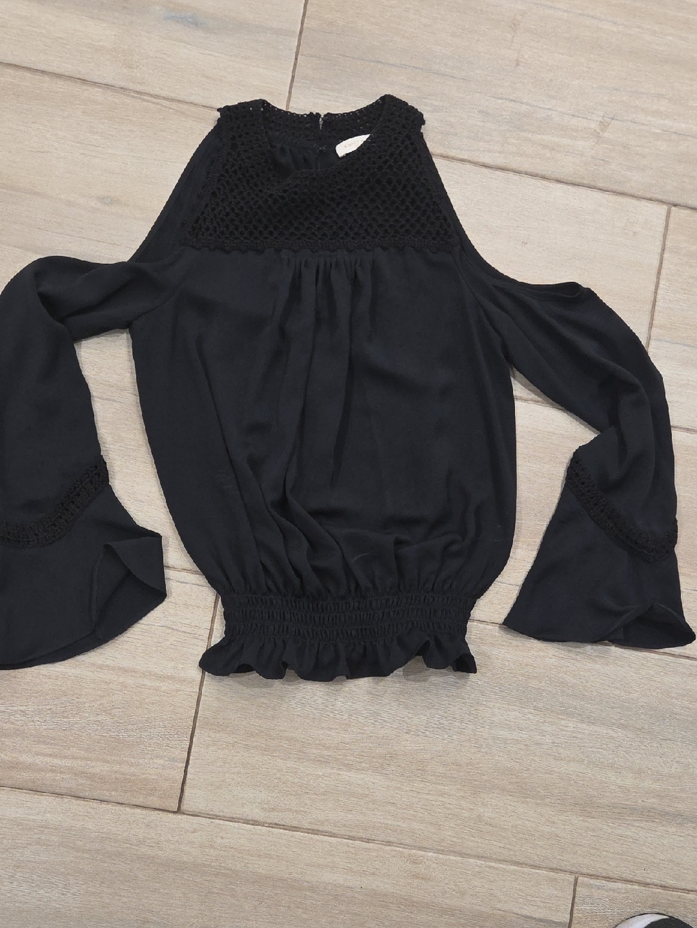 Ramy Brook Black Cold-Shoulder Crochet Yoke Top